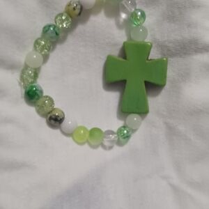 Green Beaded Bracelet with Cross Charm